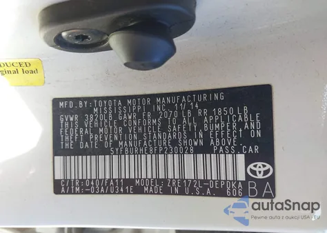 2015 Toyota Corolla L из США, поврежденный, VIN 5YFBURHE8FP230028